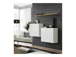 Conjunto de móveis para sala de estar SWITCH SBI design, cor branco brilhante e prateleira de carvalho Wotan.
