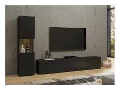 Conjunto de móveis para TV e vitrine coleção EVA. Cor preta e carvalho.