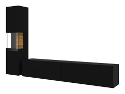Conjunto de móveis para TV e vitrine coleção EVA. Cor preta e carvalho.