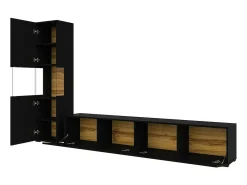 Conjunto de móveis para TV e vitrine coleção EVA. Cor preta e carvalho.
