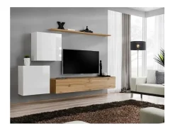 Conjunto de móveis suspensos para sua sala de estar da coleção SWITCH V. Cores carvalho Wotan e branco brilhante.