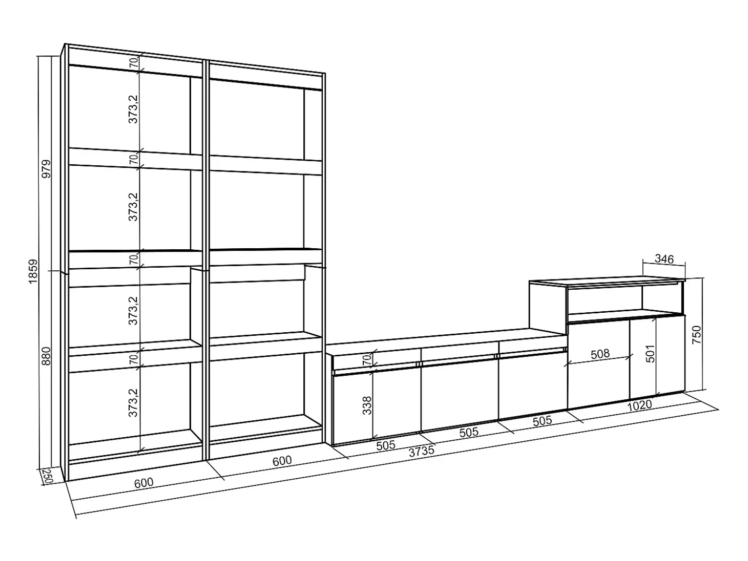 Conjunto de móveis TV, 370x35x186cm, Para televisores até 65", Estante para TV, Cimento