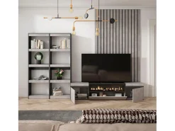 Conjunto de móveis TV, 320x35x186cm, Para televisores até 80", Lareira eléctrica, Cimento