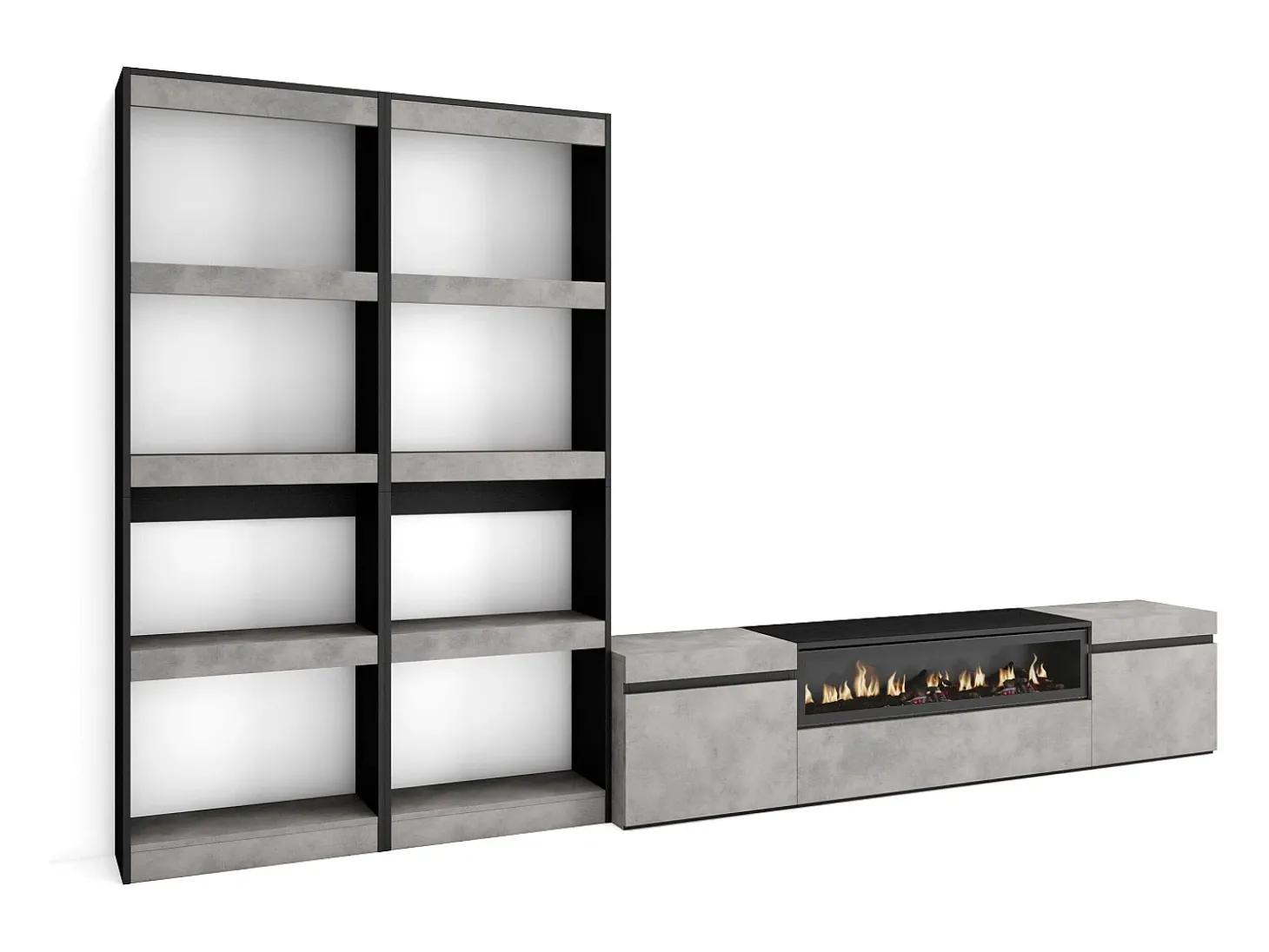 Conjunto de móveis TV, 320x35x186cm, Para televisores até 80", Lareira eléctrica, Cimento