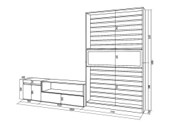 Conjunto de móveis TV, 260x35x186cm, Para televisores até 65", Lareira eléctrica, Branco e preto