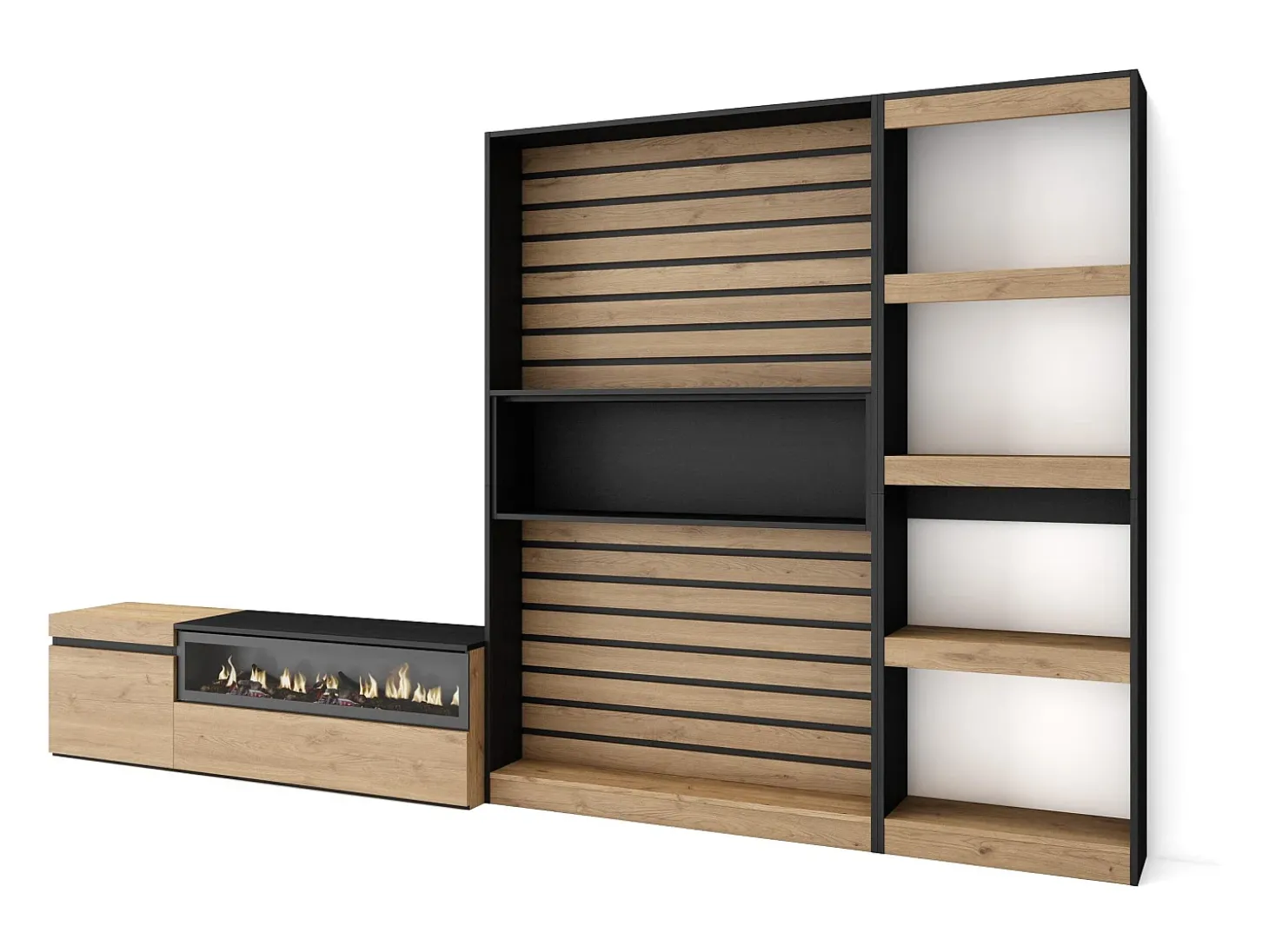 Conjunto de móveis TV, 320x35x186cm, Lareira eléctrica, Carvahlo e preto