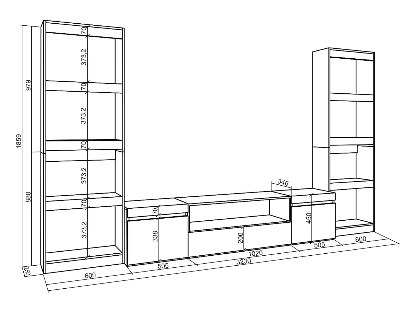 Conjunto de móveis TV, 320x35x186cm, Para televisores até 80", Estante para TV, Cimento