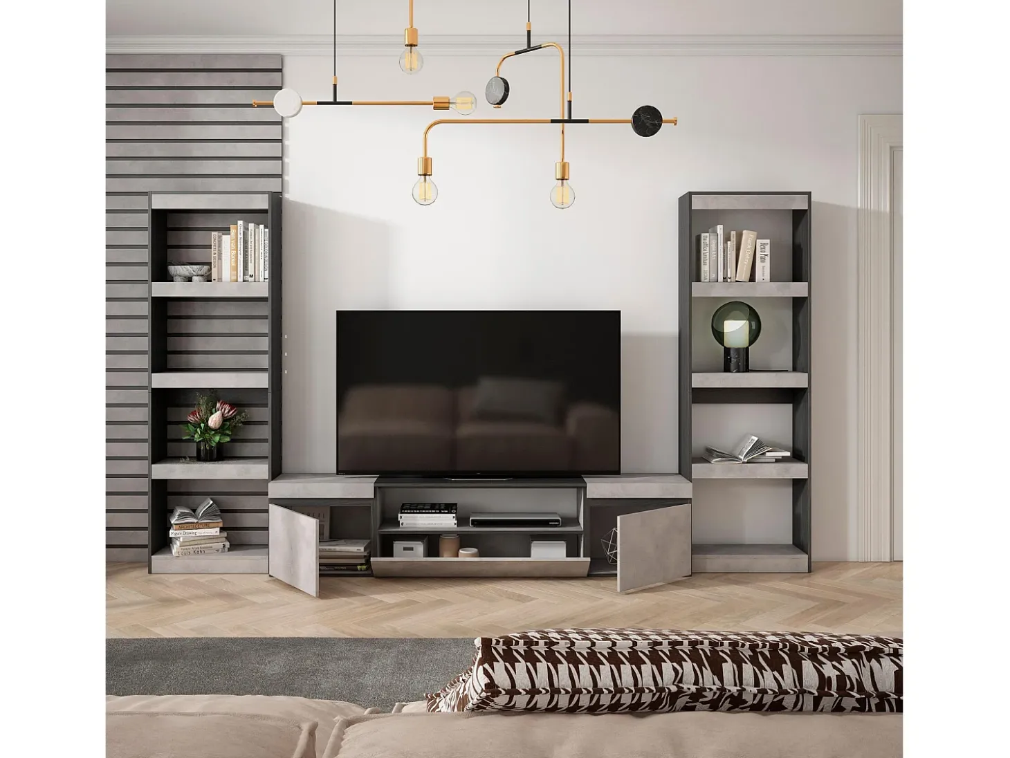 Conjunto de móveis TV, 320x35x186cm, Para televisores até 80", Estante para TV, Cimento