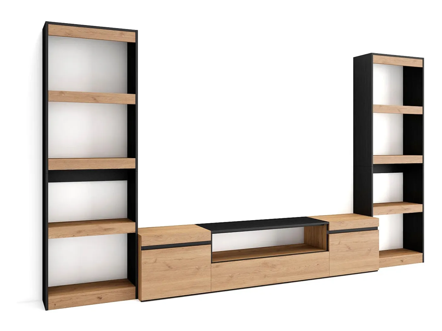 Conjunto de móveis TV, 320x35x186cm, Para televisores até 80", Estante para TV, Carvahlo e preto