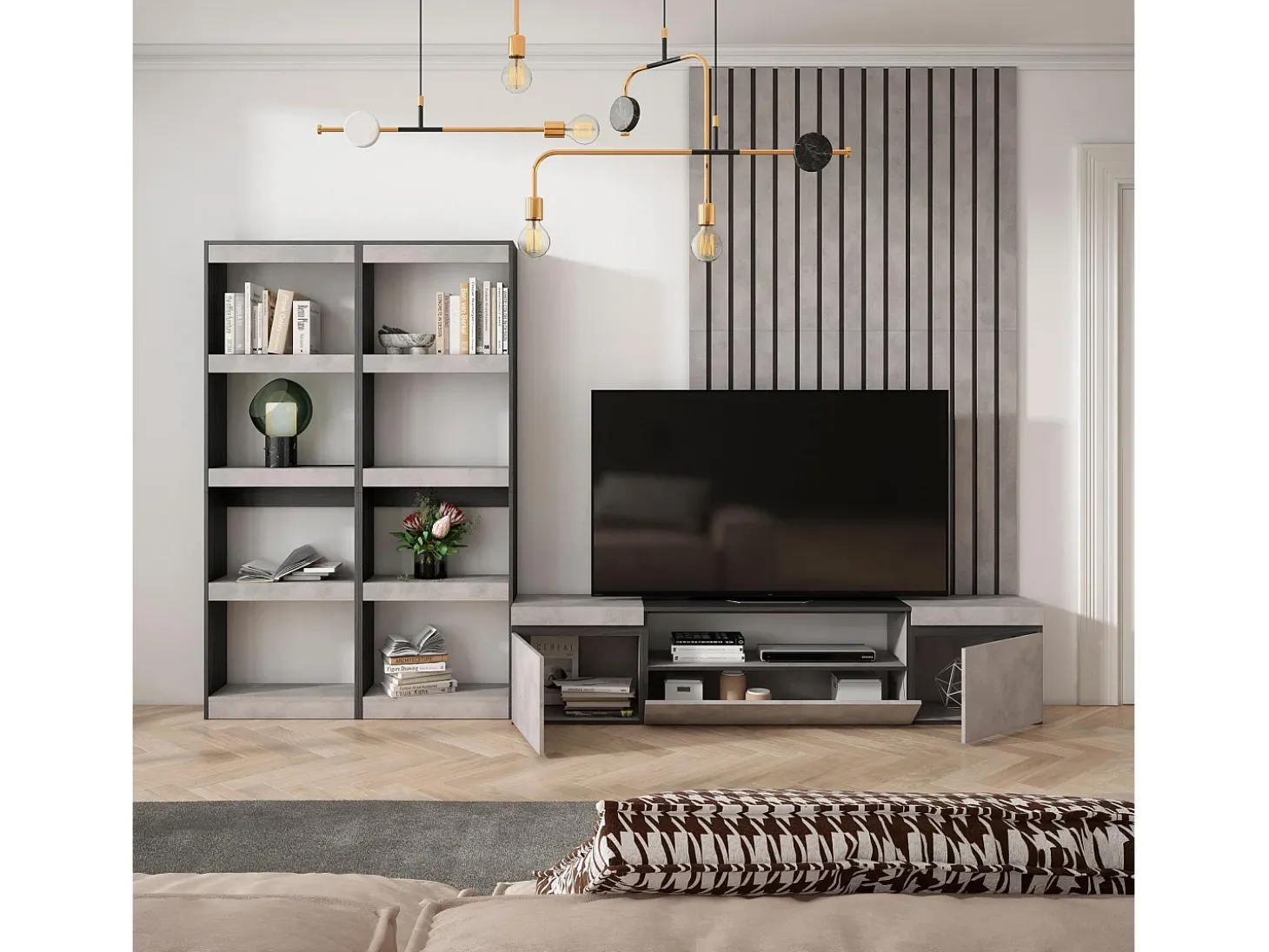 Conjunto de móveis TV, 320x35x186cm, Para televisores até 80", Estante para TV, Cimento