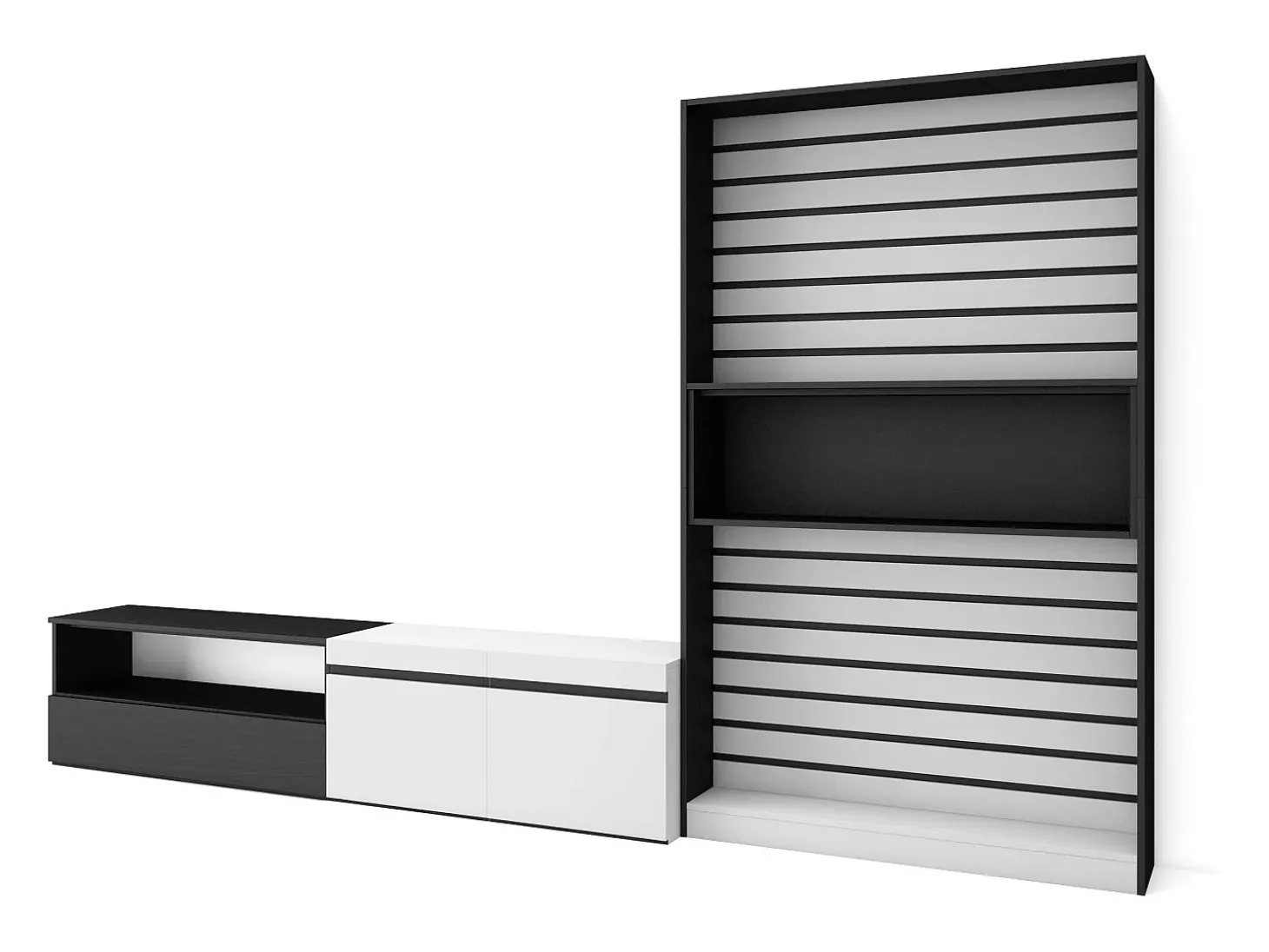 Conjunto de móveis TV, 310x35x186cm, Para televisores até 80", Estante para TV, Branco e preto