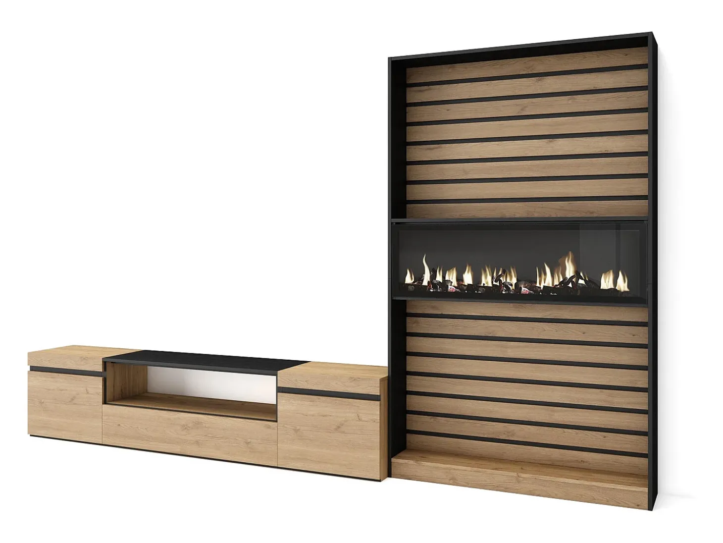 Conjunto de móveis TV, 310x35x186cm, Para televisores até 80", Lareira eléctrica, Carvahlo e preto
