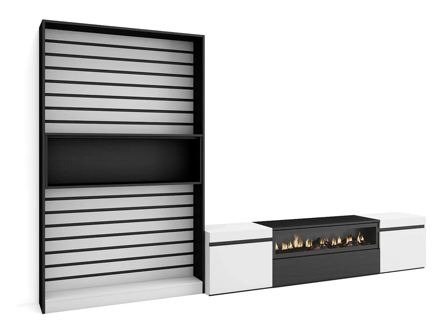 Conjunto de móveis TV, 310x35x186cm, Para televisores até 80", Lareira eléctrica, Branco e preto