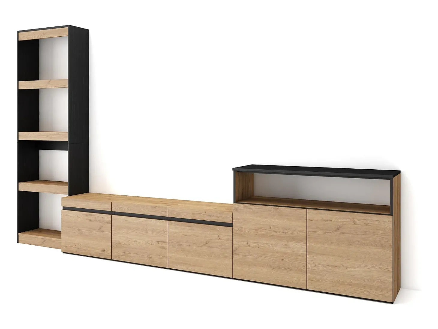 Conjunto de móveis TV, 310x35x186cm, Para televisores até 65", Estante para TV, Carvahlo e preto