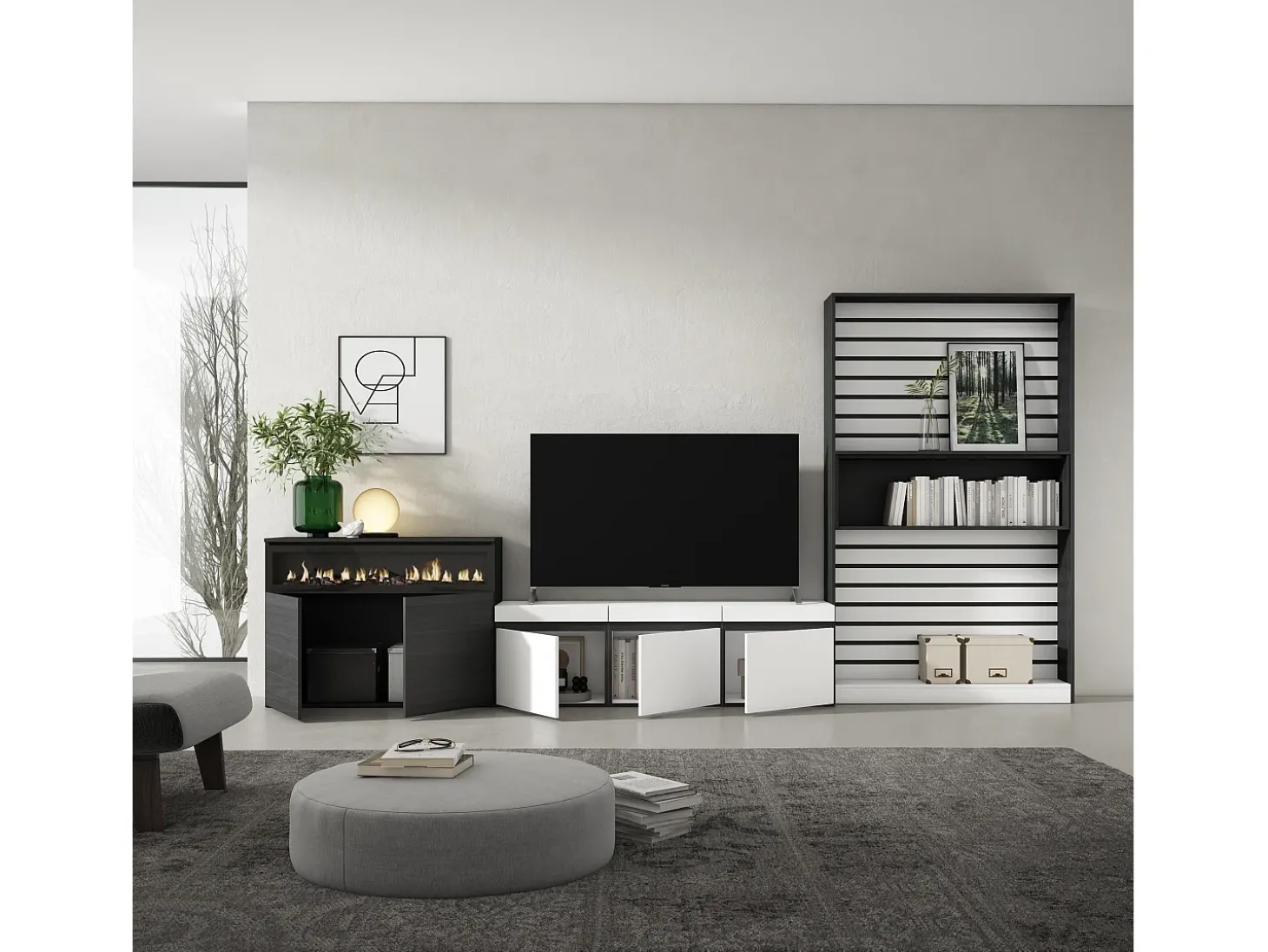 Conjunto de móveis TV, 360x35x186cm, Para televisores até 65", Lareira eléctrica, Branco e preto