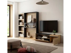 Conjunto de móveis TV, 320x35x186cm, Lareira eléctrica, Carvahlo e preto