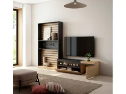 Conjunto de móveis TV, 260x35x186cm, Para televisores até 65", Lareira eléctrica, Carvahlo e preto