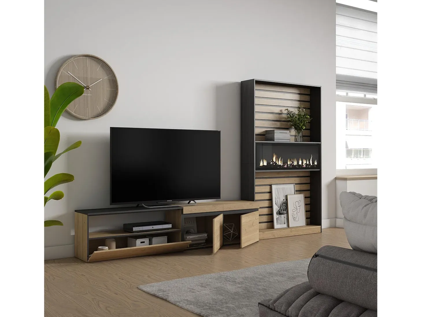 Conjunto de móveis TV, 310x35x186cm, Para televisores até 80", Lareira eléctrica, Carvahlo e preto
