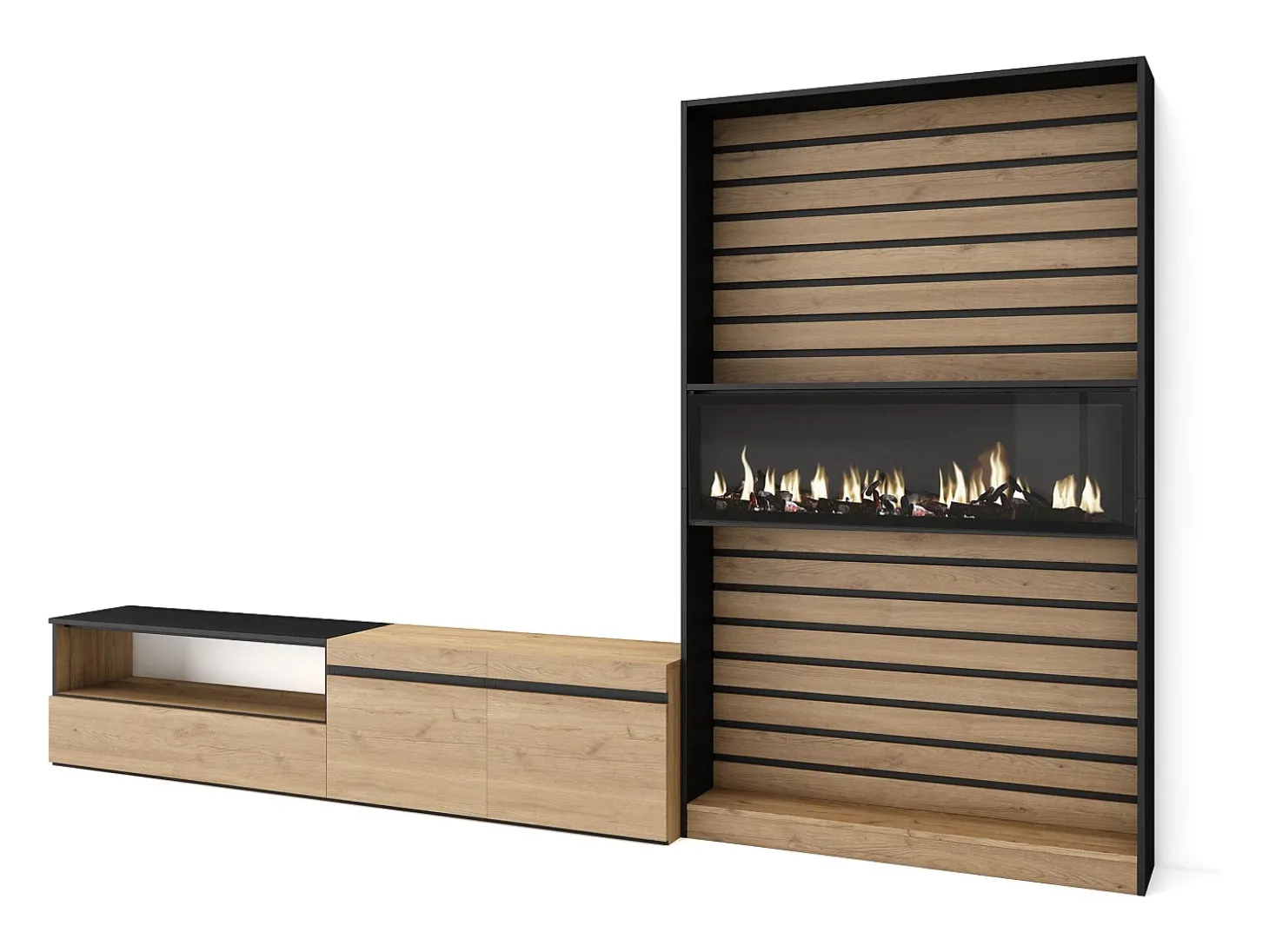 Conjunto de móveis TV, 310x35x186cm, Para televisores até 80", Lareira eléctrica, Carvahlo e preto