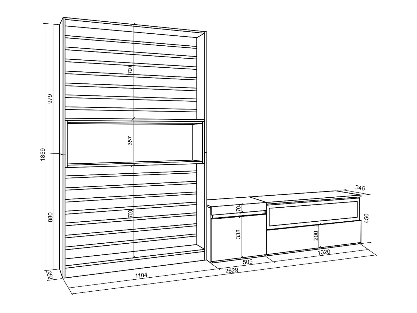Conjunto de móveis TV, 260x35x186cm, Para televisores até 65", Lareira eléctrica, Branco e preto