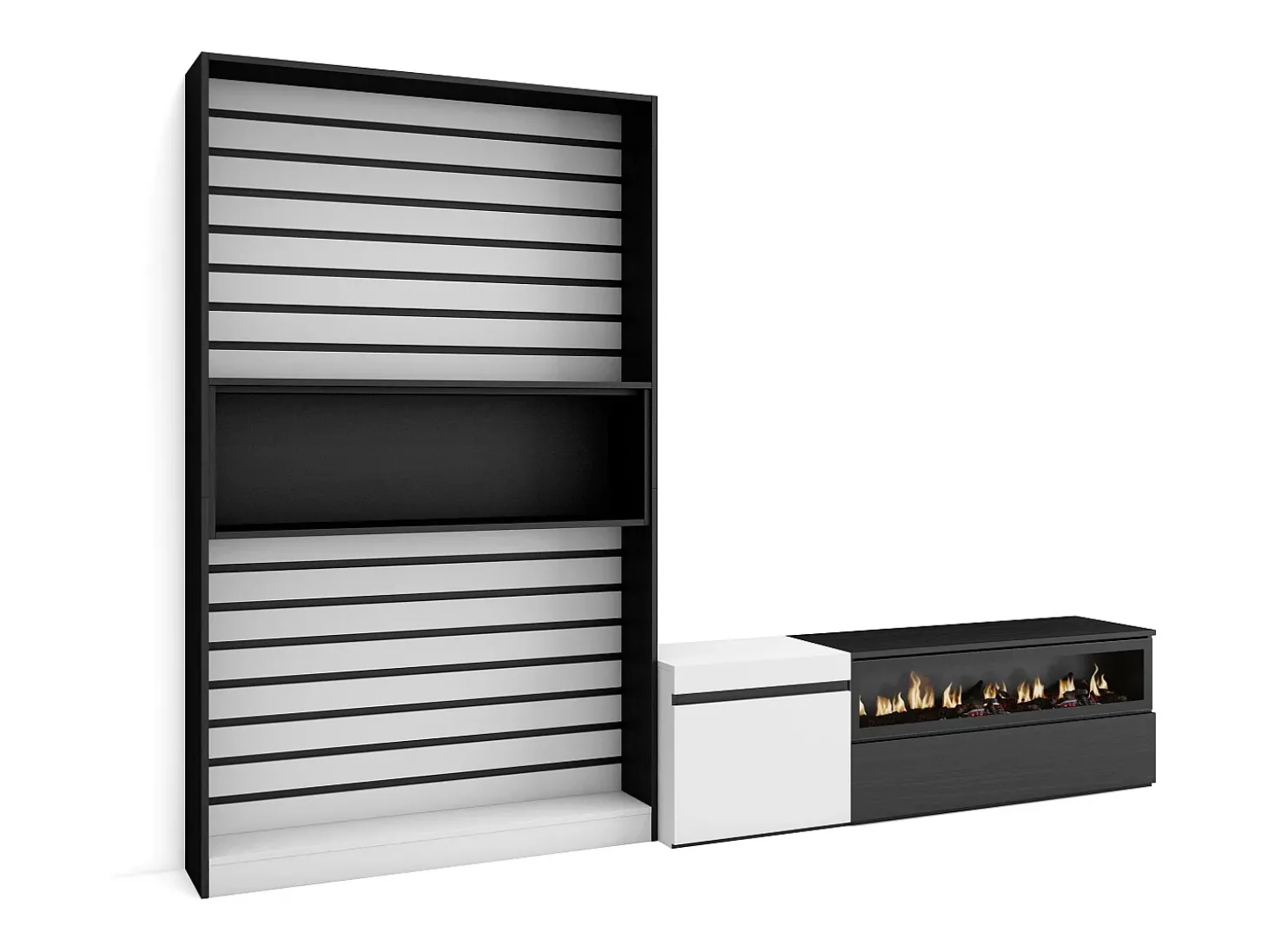 Conjunto de móveis TV, 260x35x186cm, Para televisores até 65", Lareira eléctrica, Branco e preto