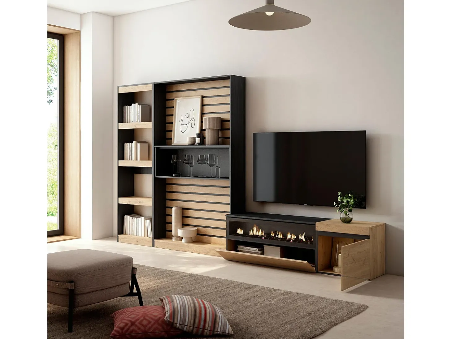Conjunto de móveis TV, 320x35x186cm, Lareira eléctrica, Carvahlo e preto