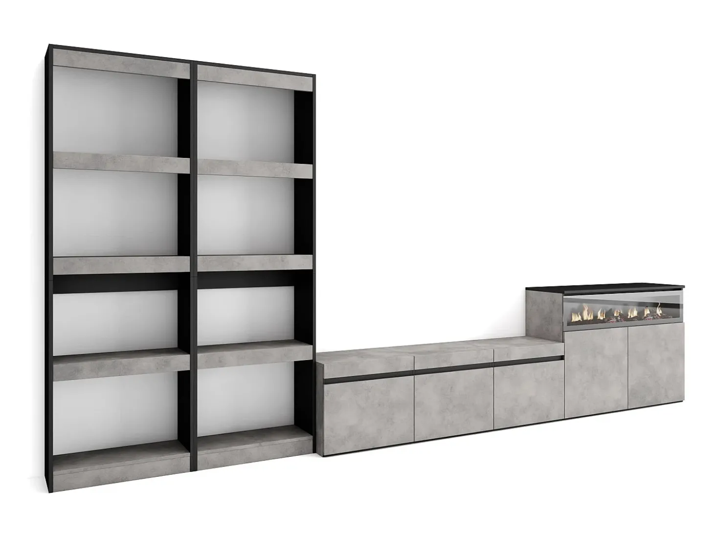 Conjunto de móveis TV, 370x35x186cm, Para televisores até 65", Lareira eléctrica, Cimento