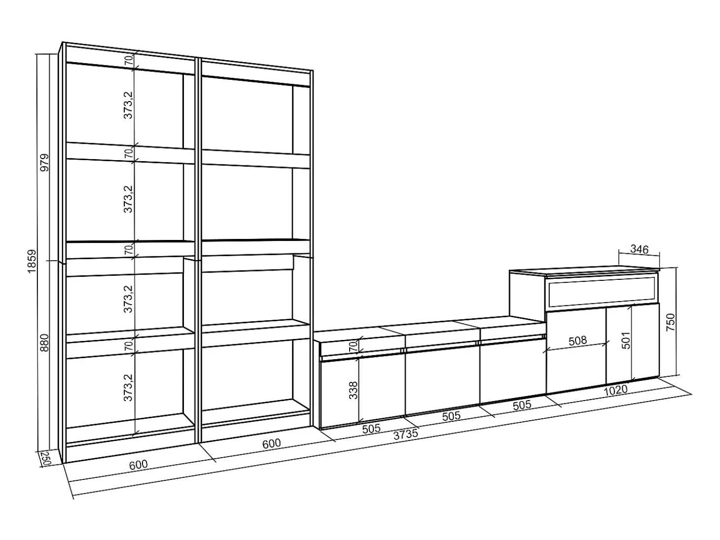 Conjunto de móveis TV, 370x35x186cm, Para televisores até 65", Lareira eléctrica, Cimento