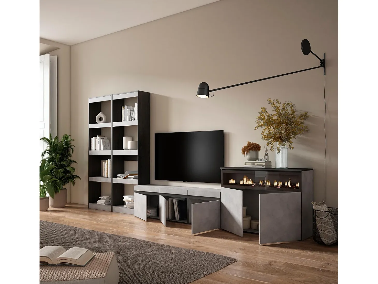 Conjunto de móveis TV, 370x35x186cm, Para televisores até 65", Lareira eléctrica, Cimento