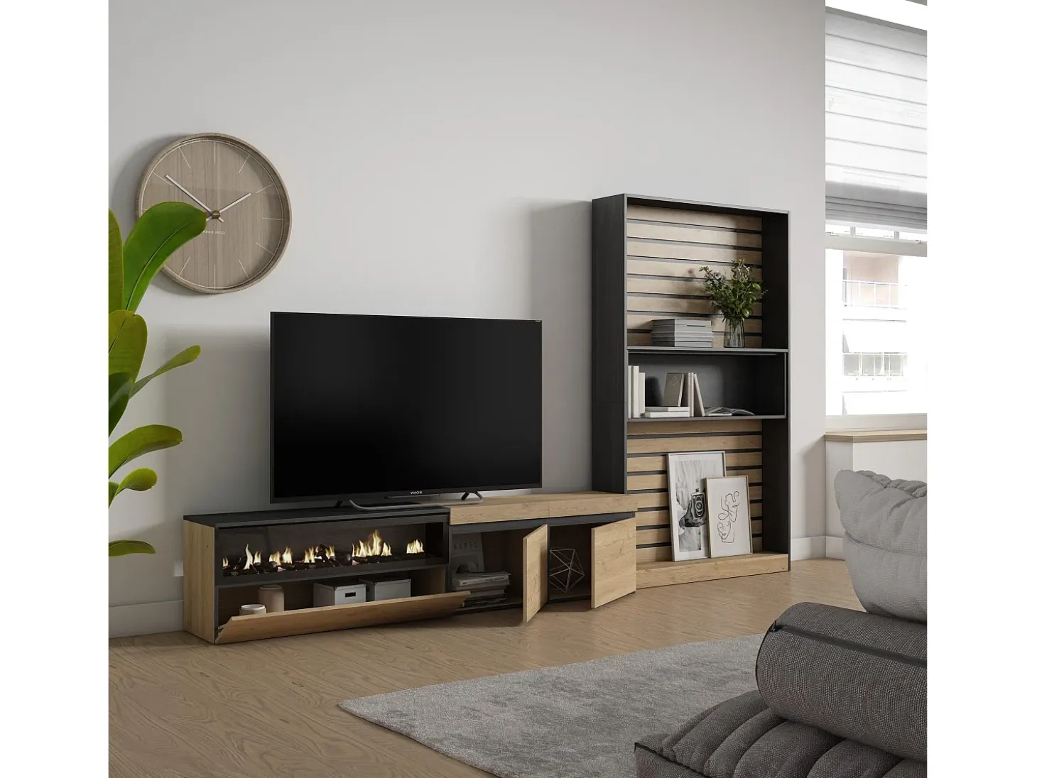 Conjunto de móveis TV, 310x35x186cm, Para televisores até 80", Lareira eléctrica, Carvahlo e preto