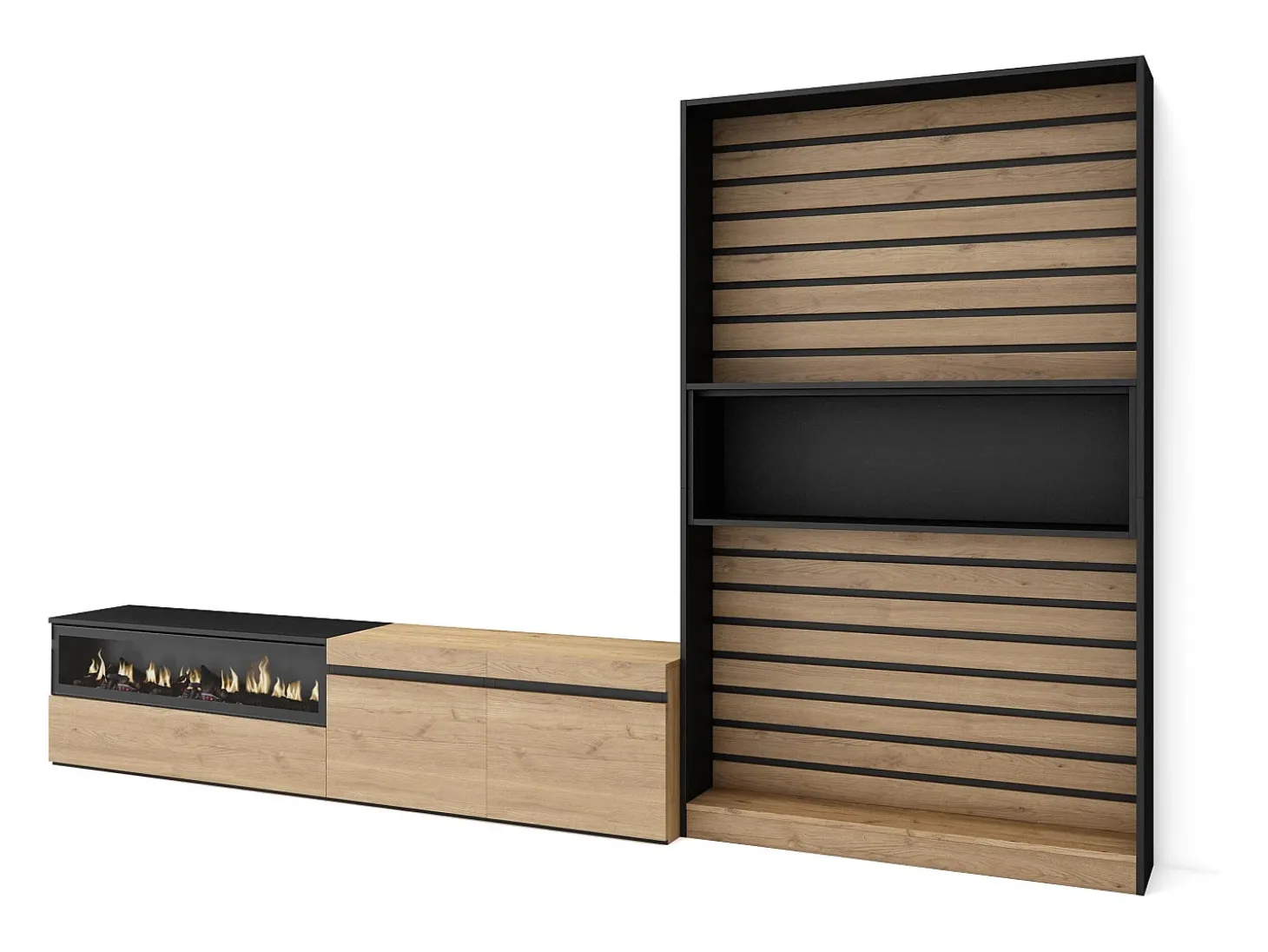 Conjunto de móveis TV, 310x35x186cm, Para televisores até 80", Lareira eléctrica, Carvahlo e preto