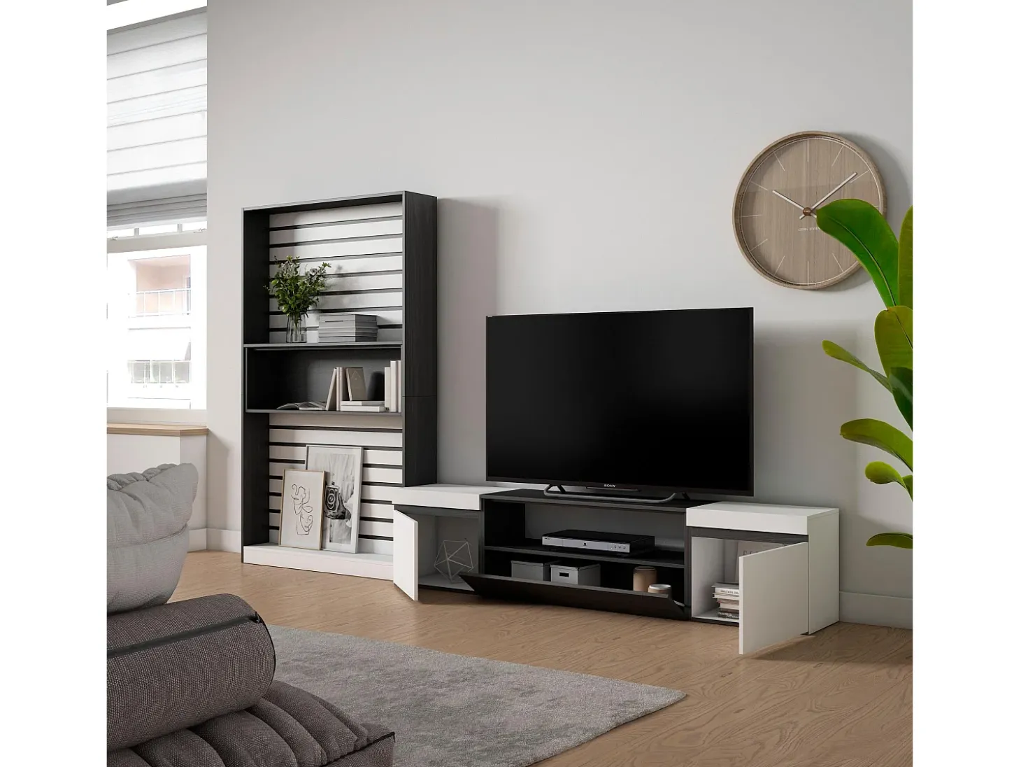 Conjunto de móveis TV, 310x35x186cm, Para televisores até 80", Estante para TV, Branco e preto