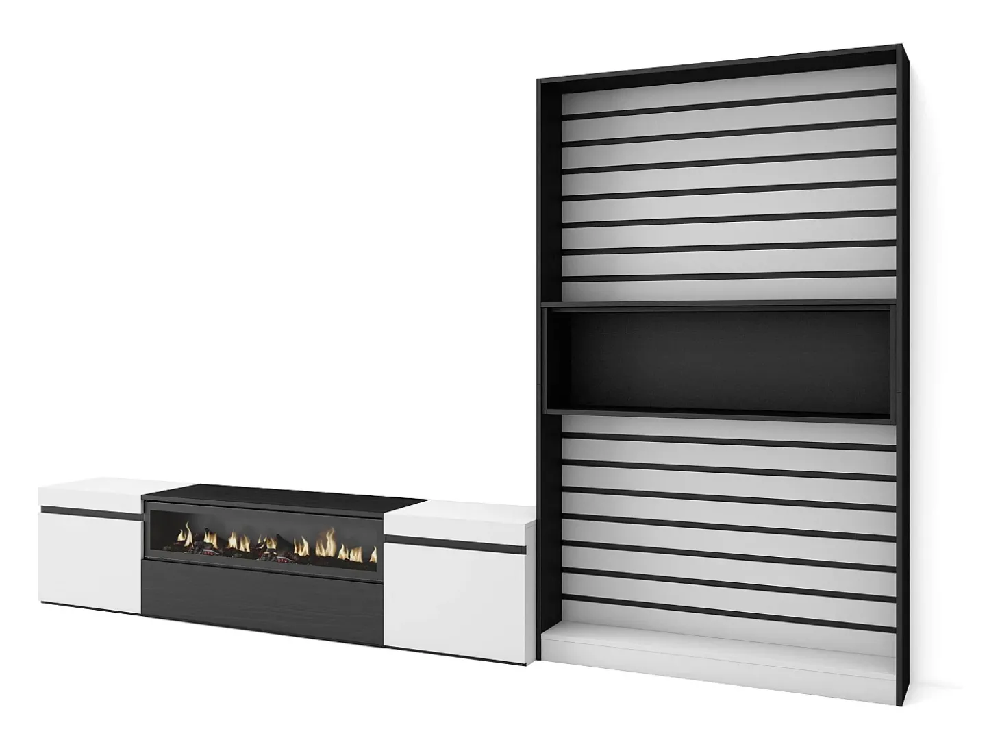 Conjunto de móveis TV, 310x35x186cm, Para televisores até 80", Lareira eléctrica, Branco e preto