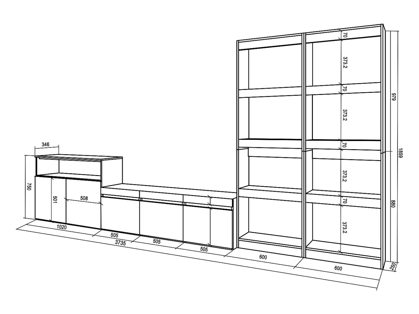 Conjunto de móveis TV, 370x35x186cm, Para televisores até 65", Estante para TV, Cimento
