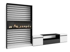 Conjunto de móveis TV, 310x35x186cm, Para televisores até 80", Lareira eléctrica, Branco e preto