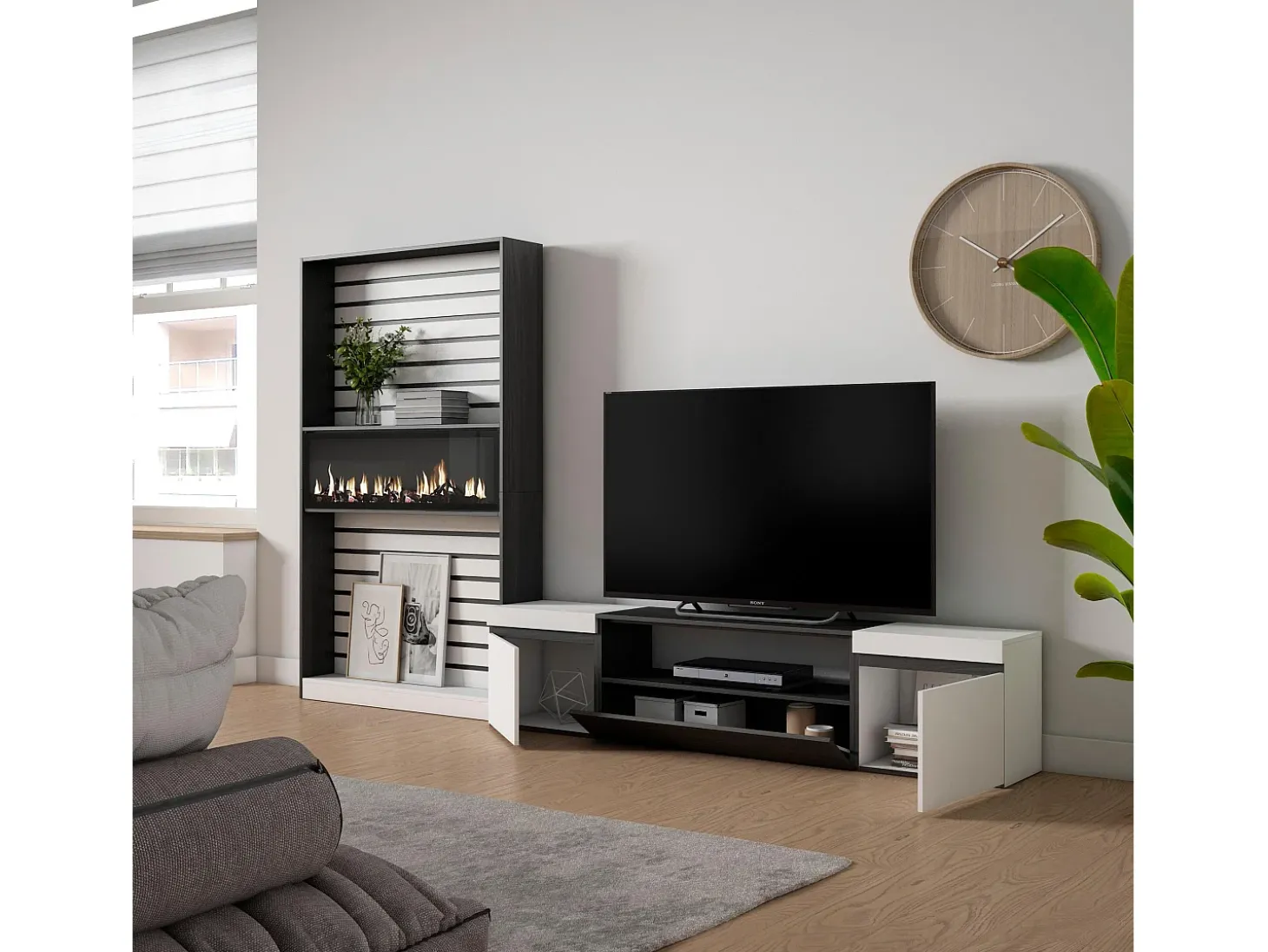 Conjunto de móveis TV, 310x35x186cm, Para televisores até 80", Lareira eléctrica, Branco e preto