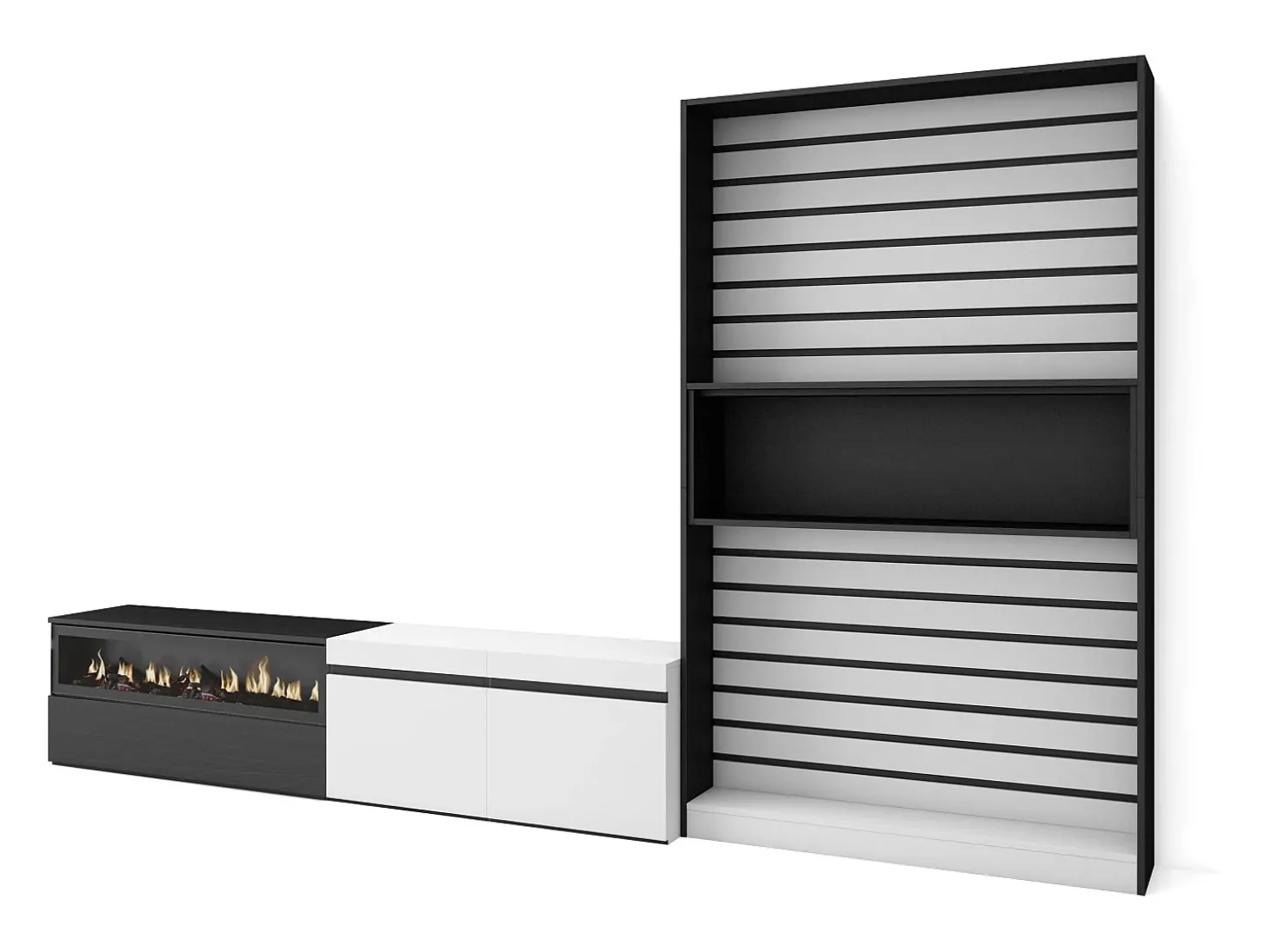 Conjunto de móveis TV, 310x35x186cm, Para televisores até 80", Lareira eléctrica, Branco e preto