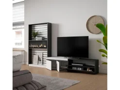 Conjunto de móveis TV, 310x35x186cm, Para televisores até 80", Lareira eléctrica, Branco e preto