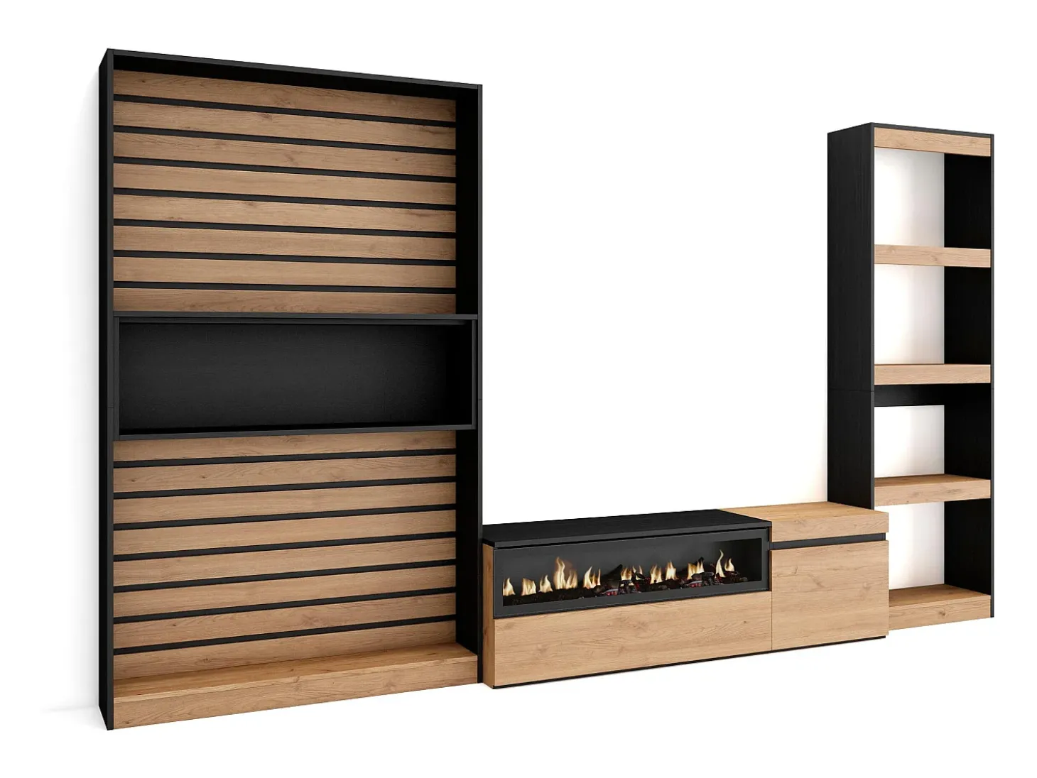 Conjunto de móveis TV, 320x35x186cm, Lareira eléctrica, Carvahlo e preto
