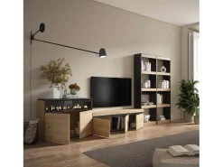 Conjunto de móveis TV, 370x35x186cm, Para televisores até 65", Lareira eléctrica, Carvahlo e preto