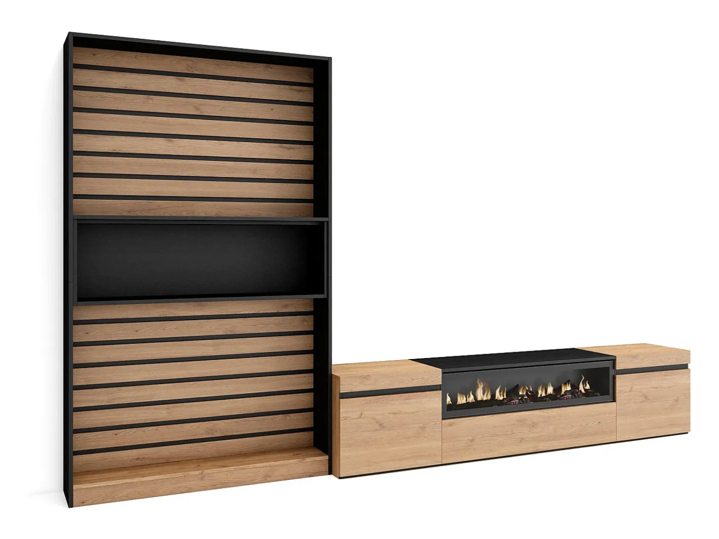 Conjunto de móveis TV, 310x35x186cm, Para televisores até 80", Lareira eléctrica, Carvahlo e preto