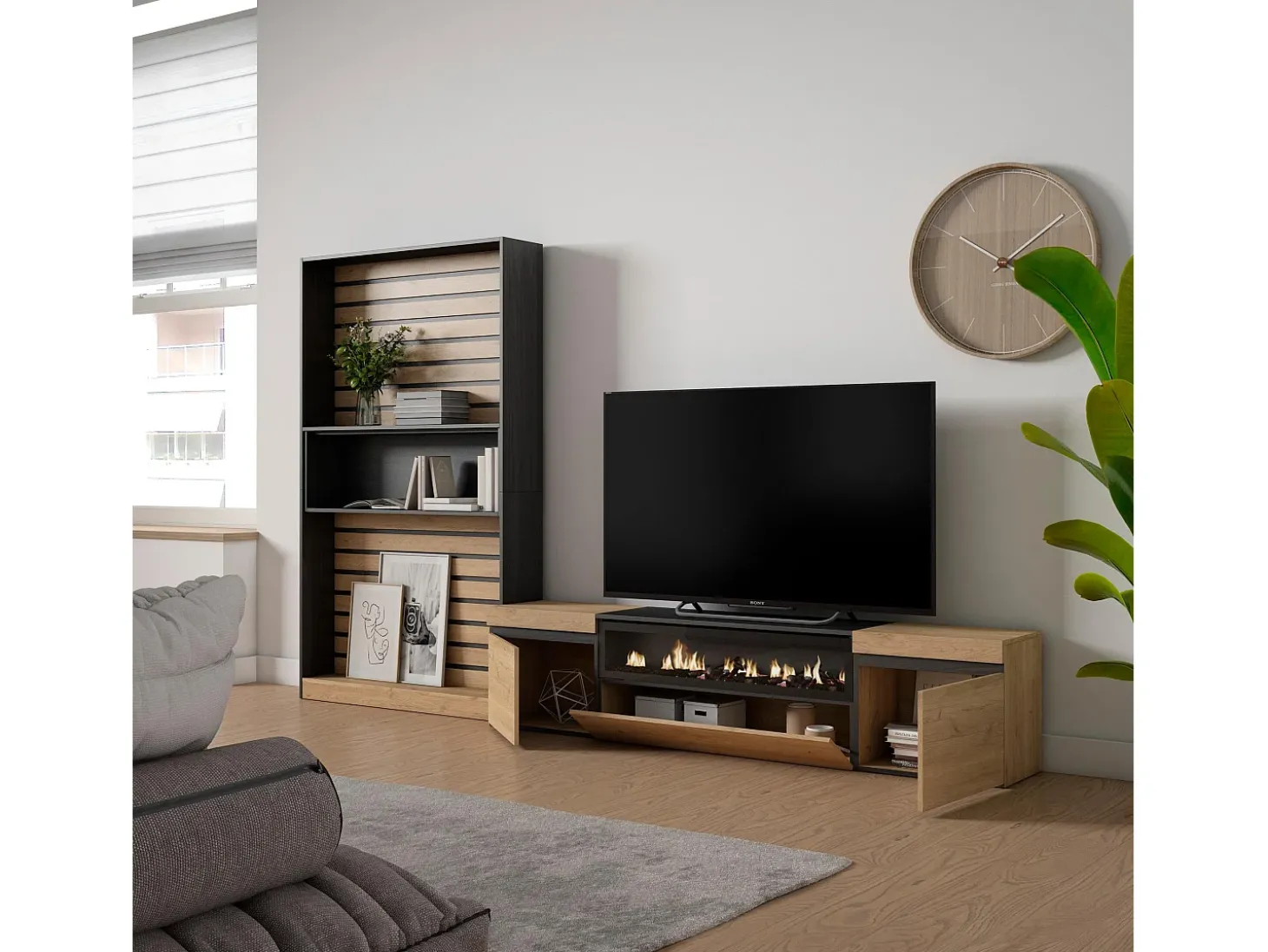 Conjunto de móveis TV, 310x35x186cm, Para televisores até 80", Lareira eléctrica, Carvahlo e preto