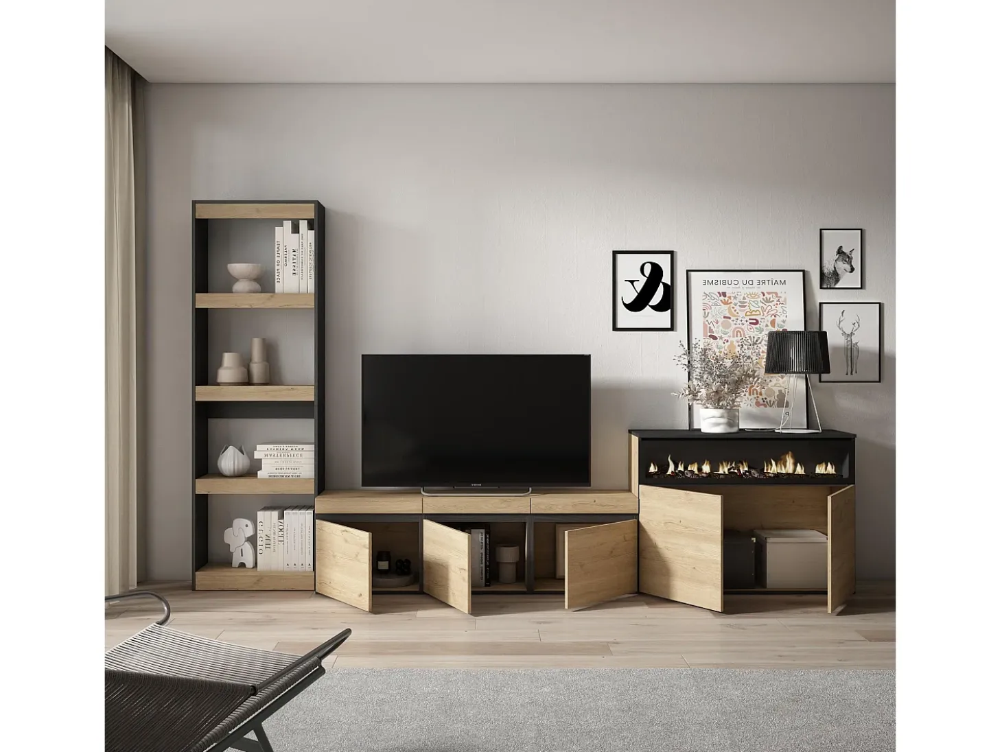 Conjunto de móveis TV, 310x35x186cm, Para televisores até 65", Lareira eléctrica, Carvahlo e preto