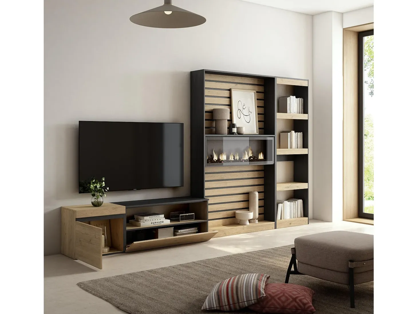 Conjunto de móveis TV, 320x35x186cm, Lareira eléctrica, Carvahlo e preto