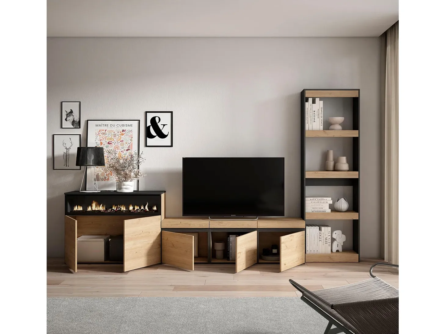Conjunto de móveis TV, 310x35x186cm, Para televisores até 65", Lareira eléctrica, Carvahlo e preto