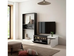 Conjunto de móveis TV, 260x35x186cm, Para televisores até 65", Lareira eléctrica, Branco e preto