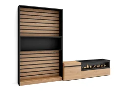 Conjunto de móveis TV, 260x35x186cm, Para televisores até 65", Lareira eléctrica, Carvahlo e preto