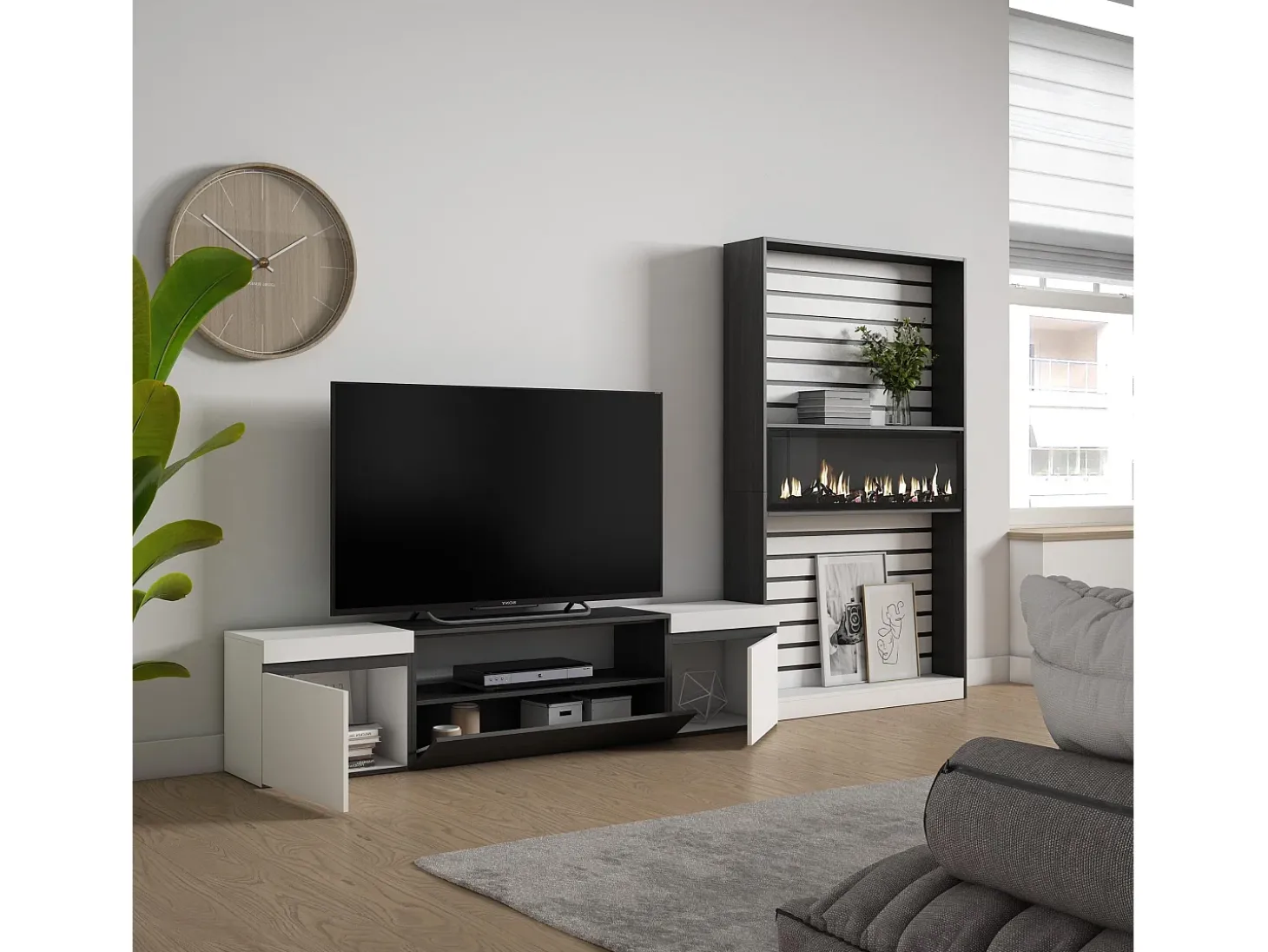 Conjunto de móveis TV, 310x35x186cm, Para televisores até 80", Lareira eléctrica, Branco e preto