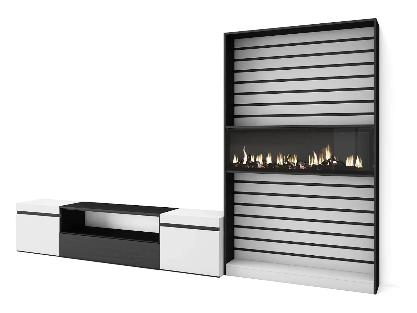 Conjunto de móveis TV, 310x35x186cm, Para televisores até 80", Lareira eléctrica, Branco e preto