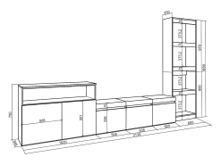 Conjunto de móveis TV, 310x35x186cm, Para televisores até 65", Estante para TV, Carvahlo e preto